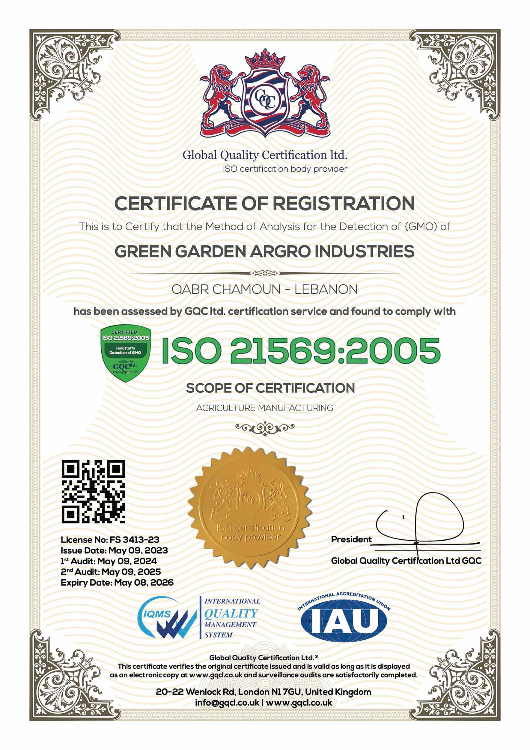 Bio Garden ISO 21569 Quality Assurance Certificate FS-3413