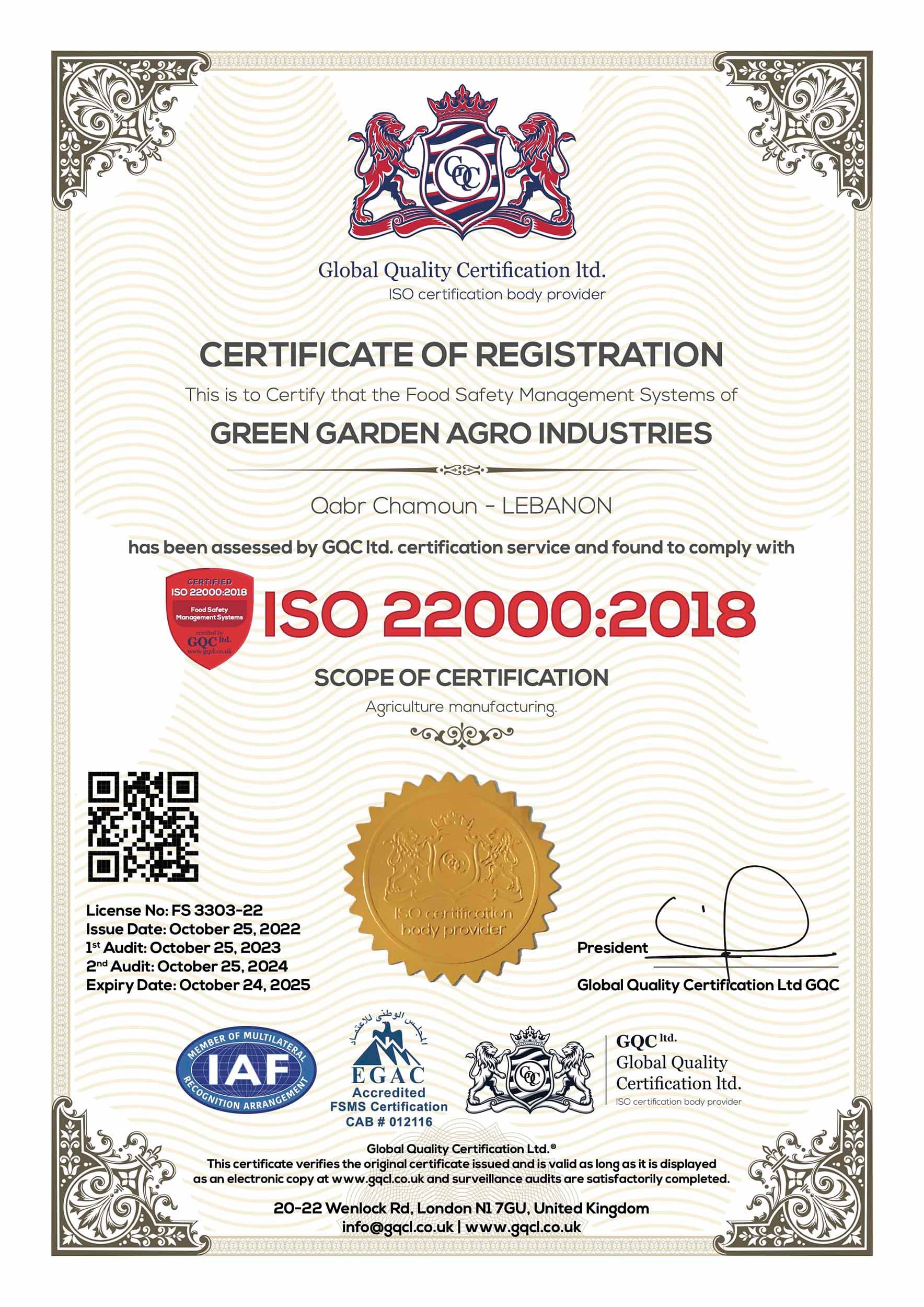 Bio Garden ISO 22000 Food Safety Management System Certificate FS-3415