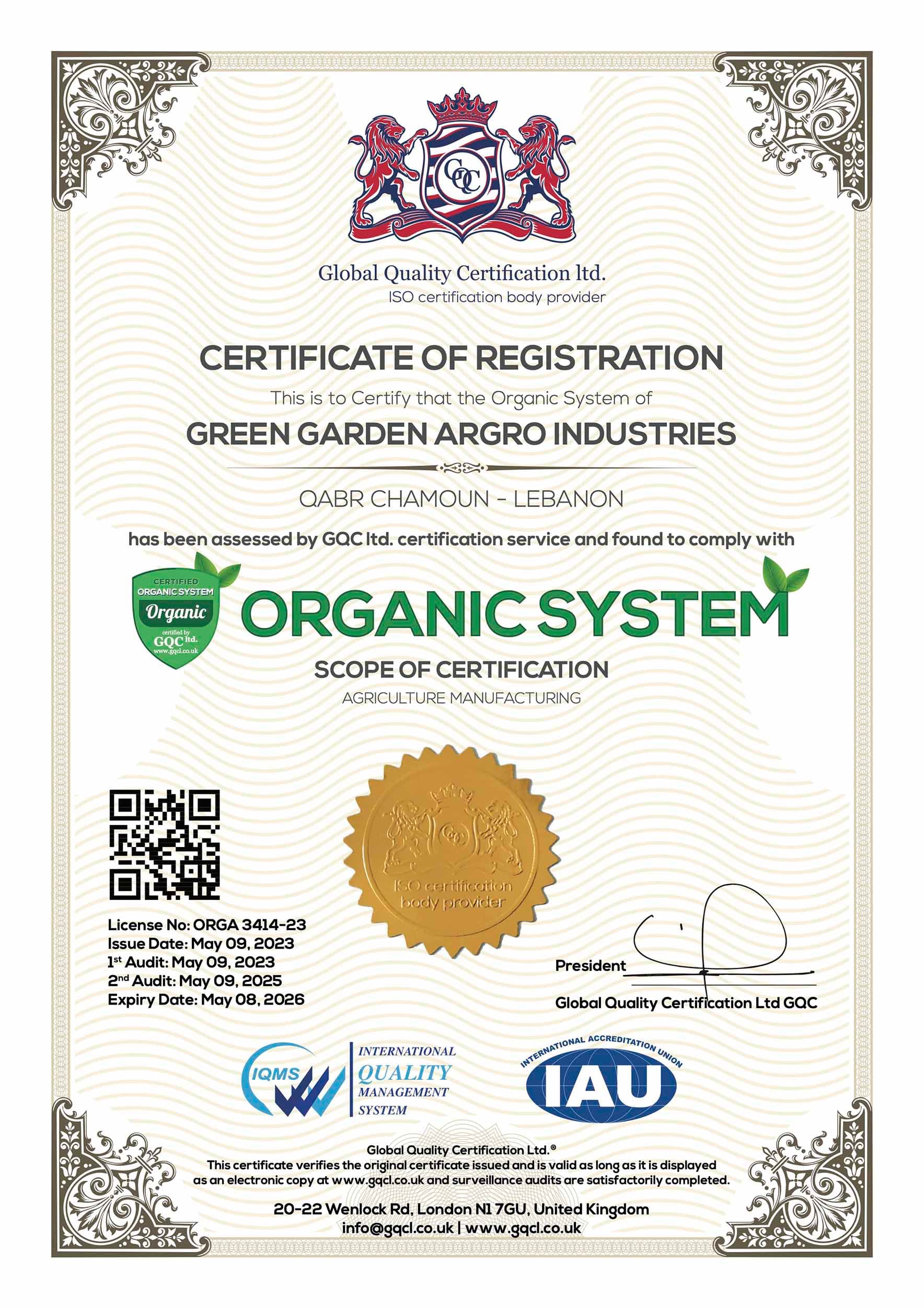 Bio Garden Organic Certification Certificate 3414